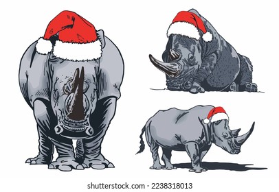 Vector color  set of rhinos in Santa Claus hat isolated on white background, grey rhinoceroses , christmas elements