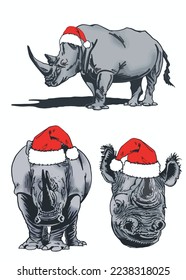 Vektorfarbensatz von Rhinos in Weihnachtsmützen einzeln auf weißem Hintergrund, graue Rhinozerosen , Weihnachtselemente