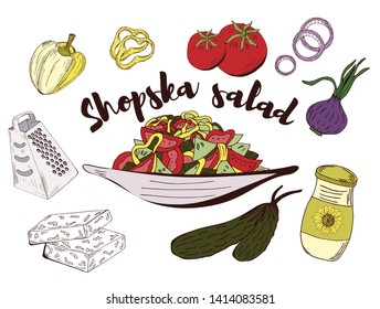 Vector color set of sketch elements, components and ingredients for vegetables salat. Hand drawn collection of cut products and plate. Shopska salad