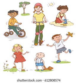 Vector color set of sketch illustration of children playing. Small kids and teenagers on the bike and scooter, a toy in the sandbox. Walk in summer on the outdoor
