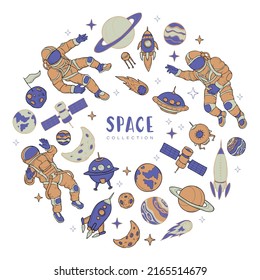 Vector color set of space items and object isoleted on white, austronauts and space ships whit planets, univers collection.