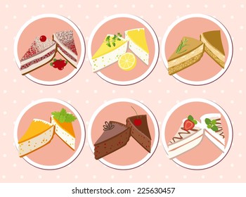 Vector color set of stickers with pieces of cake 