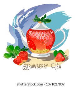 Vector color set of tea collection of berries and a teapot with the inscription. Strawberry Tea