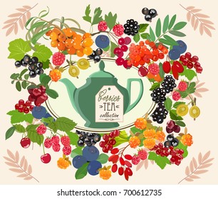 Vector color set of tea collection of berries and a teapot with the inscription. Berry composition for tea.