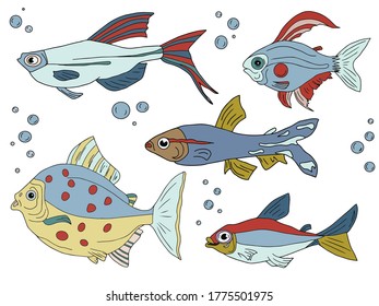 
Vector color set of tropical fish doodles: neon fish, red-eared, aquarium under the sea