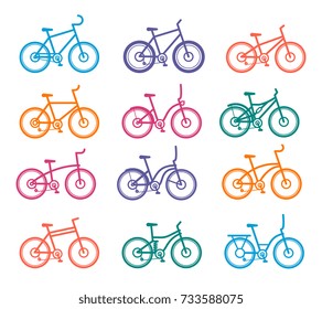 Vector color set of urban different bike models on white background. Bike riding concept. Thin line art flat design of bicycles for icon, web, poster, advertising of service