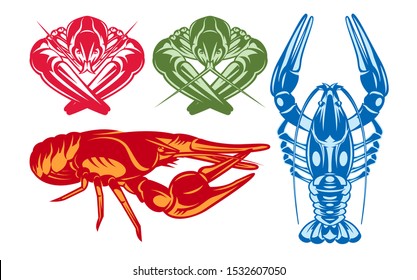 Vector color set with various river crayfish.