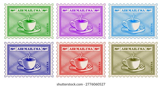 Vector color set of vintage US postage stamps, 8 cents denomination. Engraved and mesh. 3D coffee cup and beans. Air Mail USA. Mug. Delicious invigorating drink. Isolated background