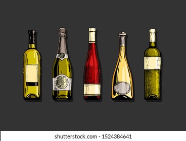 Vector color set of wine and champagne bottles in ink hand drawn style. isolated on black.