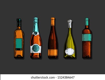 Vector color set of wine and champagne bottles in ink hand drawn style. isolated on black.