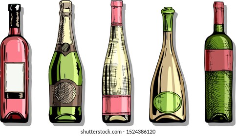 Vector color set of wine and champagne bottles in ink hand drawn style. isolated on white.