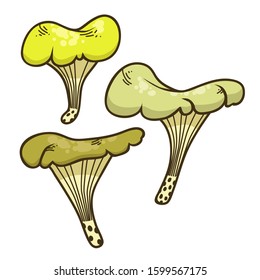 Vector color set of yellow cartoon mushrooms for children illustration. Isolated art on white background