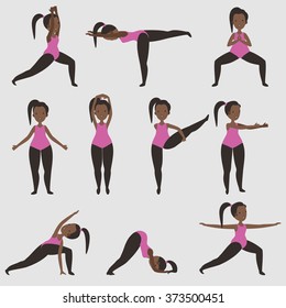 Vector color set of yoga poses with african girl