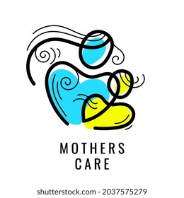 Vector Color Shape Logo Mother with Child. Line Art Style Design of Creative Logotype Mothers Care on White Background