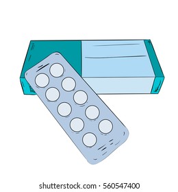 Vector color sketch box and plate of pills. Vector illustration.