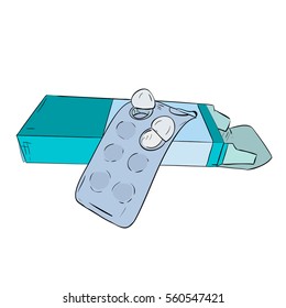 Vector color sketch box and plate of pills. Vector illustration.