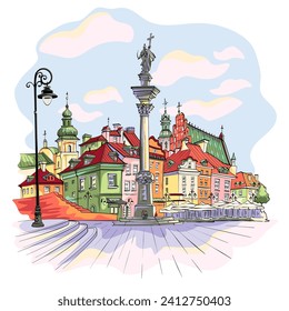 Vector color sketch of Castle Square in Warsaw Old town, Poland.