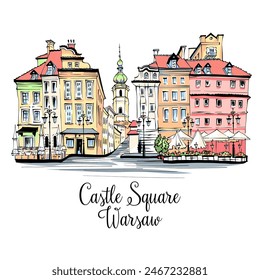 Vector color sketch of Castle Square in Warsaw Old town, Poland.