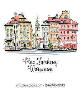 Vector color sketch of Castle Square, inscription in Polish, in Warsaw Old town, Poland.