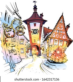 Vector color sketch of Christmas medieval old town of Rothenburg ob der Tauber, Bavaria, part of Romantic Road through southern Germany