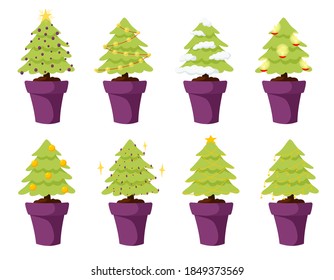 Vector color sketch with Christmas trees in a purple pot. Decked with candles, balloons, lanterns and stars.