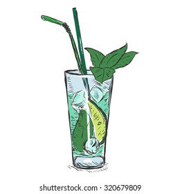 Vector Color Sketch Cocktail Mojito with Mint Leaves and Straws