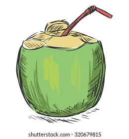 Vector Color Sketch Coconut Cocktail with a Straw