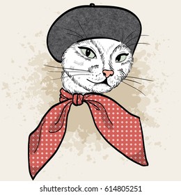 Vector color sketch of elegant cat woman face with beret and scarf