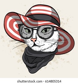 Vector color sketch of elegant cat woman face with wide brimmed hat, sunglasses and scarf