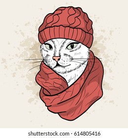 Vector Color Sketch Of Elegant Cat Woman Face With Knitting Cap And Snood