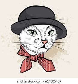 Vector color sketch of elegant cat woman face with hat and scarf