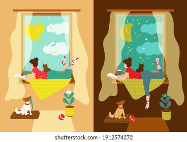 Vector color sketch of a girl reading at the window. Stay at home, lies on the window, next to her pets, a cat and a dog. Day and evening, night. Flat style. 