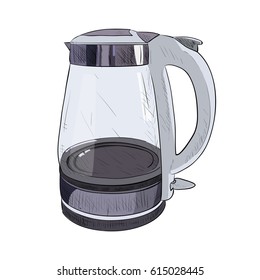 Vector color sketch of glass electric kettle. Hand drawn illustration.