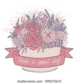 vector color sketch with good day wish, festive holiday flower bouquet with roses, Hawaiian flowers, twigs, leaves and bow in the box on chalkboard. Hand-drawn greeting card and invitation design
