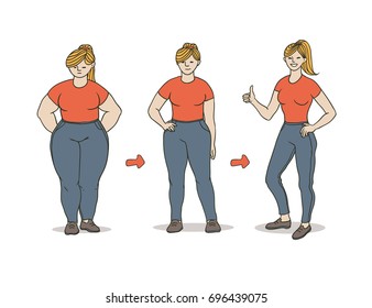 Vector color sketch illustration of how a fat girl loses weight. A young woman becomes slimmer arrows show progress. Satisfaction with the result. Contour painted a picture on a white background