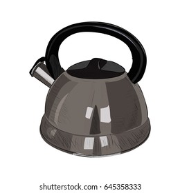 Vector color sketch illustration of kettle. Hand drawn illustration.