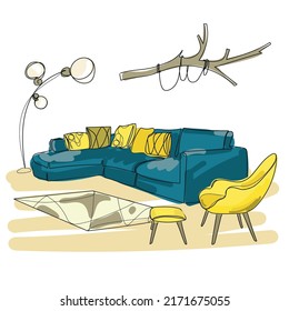 Vector color sketch of living room.Hand drawn furniture. Illustration of furniture interior room,sketch living apartment.Sketching modern interior design, sofa chair and decor,relaxation area