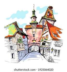 Vector color sketch of Markusturm in medieval old town of Rothenburg ob der Tauber, Bavaria