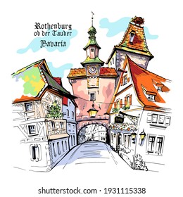 Vector color sketch of Markusturm in medieval old town of Rothenburg ob der Tauber with City name, Bavaria.