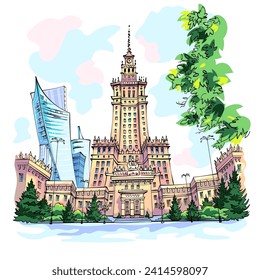 Vector color sketch of Palace of Culture and Science in Warsaw, Poland