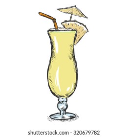 Vector Color Sketch Pinot Colada with Pineapple, Umbrella and Straw.