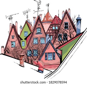 Vector color sketch of quaint facades and roofs of medieval old town, Rothenburg ob der Tauber, Bavaria, Germany