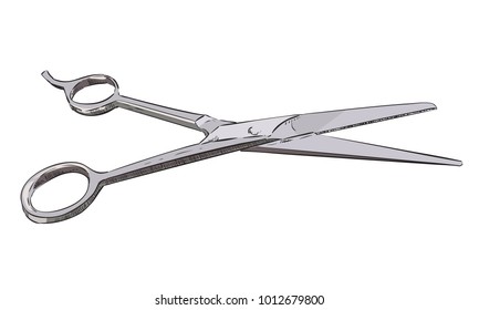 Vector color sketch of scissors for a hairstyle. Hand drawn illustration.