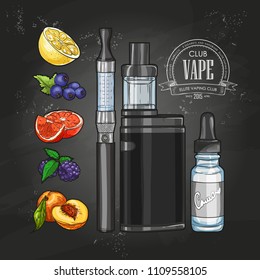 Vector color sketch set electronic cigarette vaping label on a chalkboard