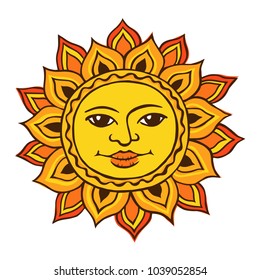 Vector color sketch of a stylized sun with a female face. Ancient symbol of life. The pagan goddess is the universe. Hand drawn illustration.