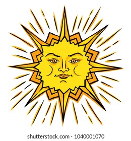 Vector color sketch of a stylized sun with a female face. Ancient symbol of life. The pagan chief god is the universe. Hand drawn illustration.