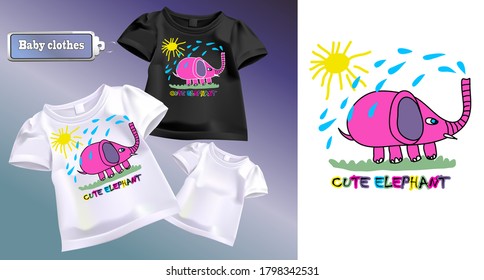 Vector color sketch for t-shirt. An image of a cartoon pink elephant. Children's, cheerful drawing of an animal.