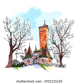 Vector color sketch of Western town gate and tower Burgturm and Stadttor in medieval Old Town of Rothenburg ob der Tauber, Bavaria