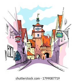 Vector color sketch of White tower or Weisser Turm in medieval old town of Rothenburg ob der Tauber, Bavaria