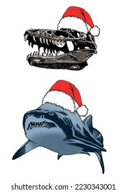 Vector color skull of dinosaur and shark in red  hat of Santa Claus on white background, dinosaurs